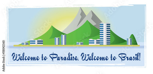 Welcome to Brasil paradise card with mountains and city view over white background, in outlines. Digital vector image