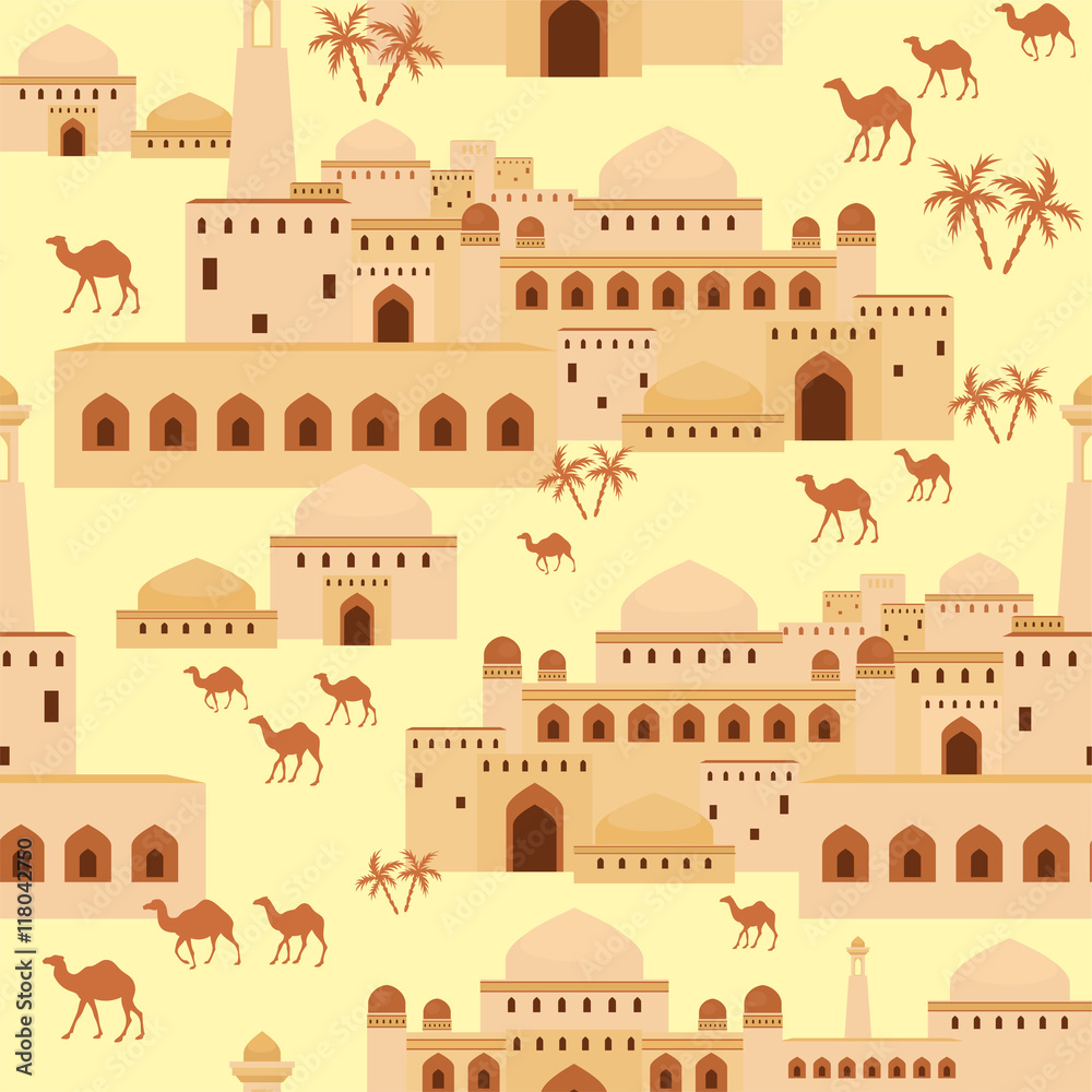 Islamic seamless pattern with the image of the ancient Middle Eastern city. A mirage in the desert.