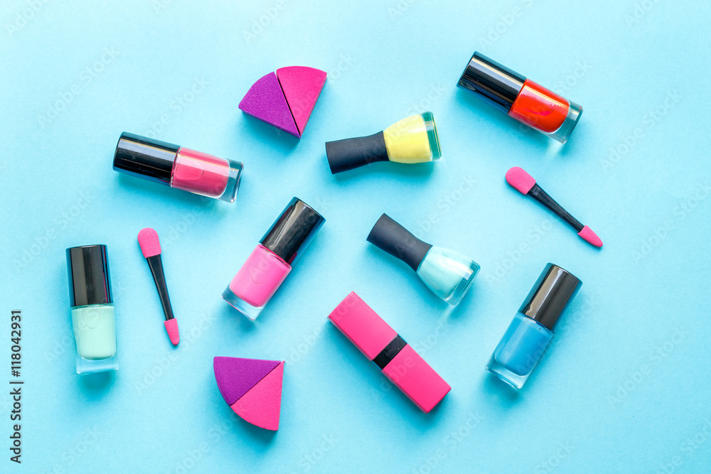 concept cosmetic set on blue background top view concept cosmetic set on blue background top view