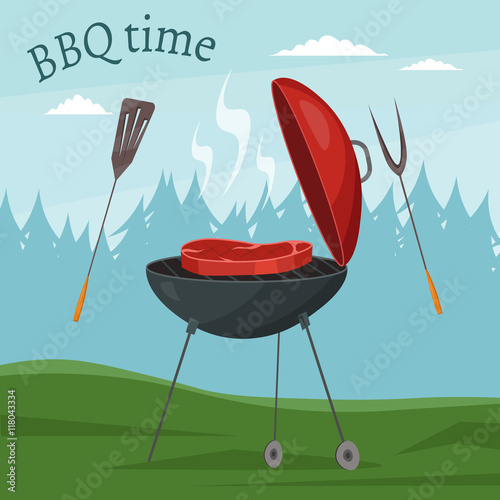 Fruit, wine, barbecue, picnic grill, watermelon on the grass set. Summer time on meadow.