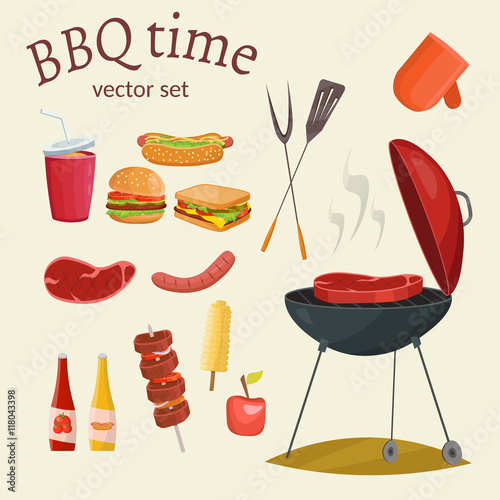 Fruit, wine, barbecue, picnic grill, watermelon on the grass set. Summer time on meadow.