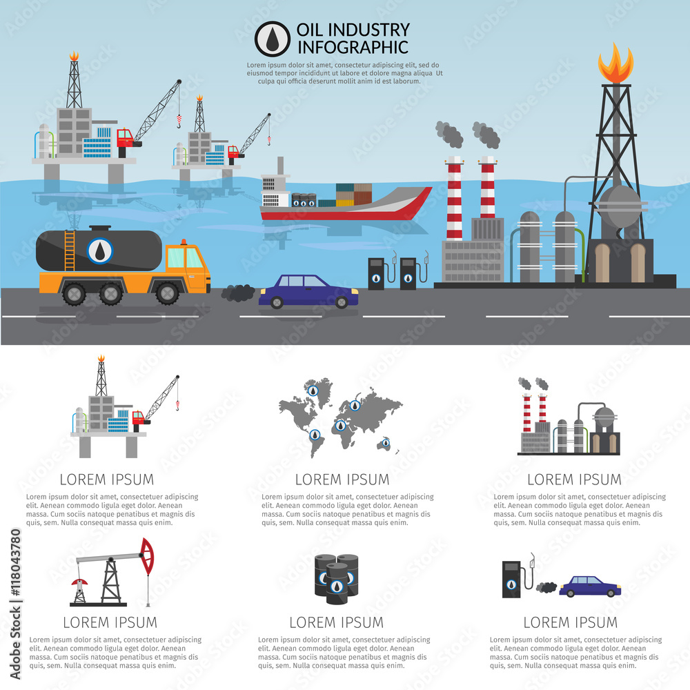Oil industry processing and transportation infographics set production elements.