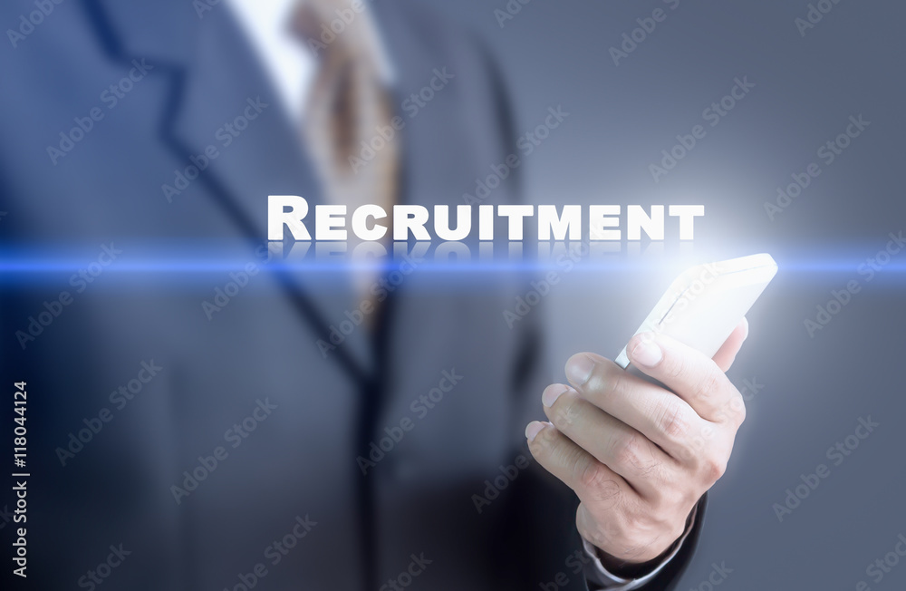 Businessman pressing hand Recruitment message on virtual screen. Can bring to the medium of your ad. Businessman pressing hand Recruitment message on virtual screen. Can bring to the medium of your ad.