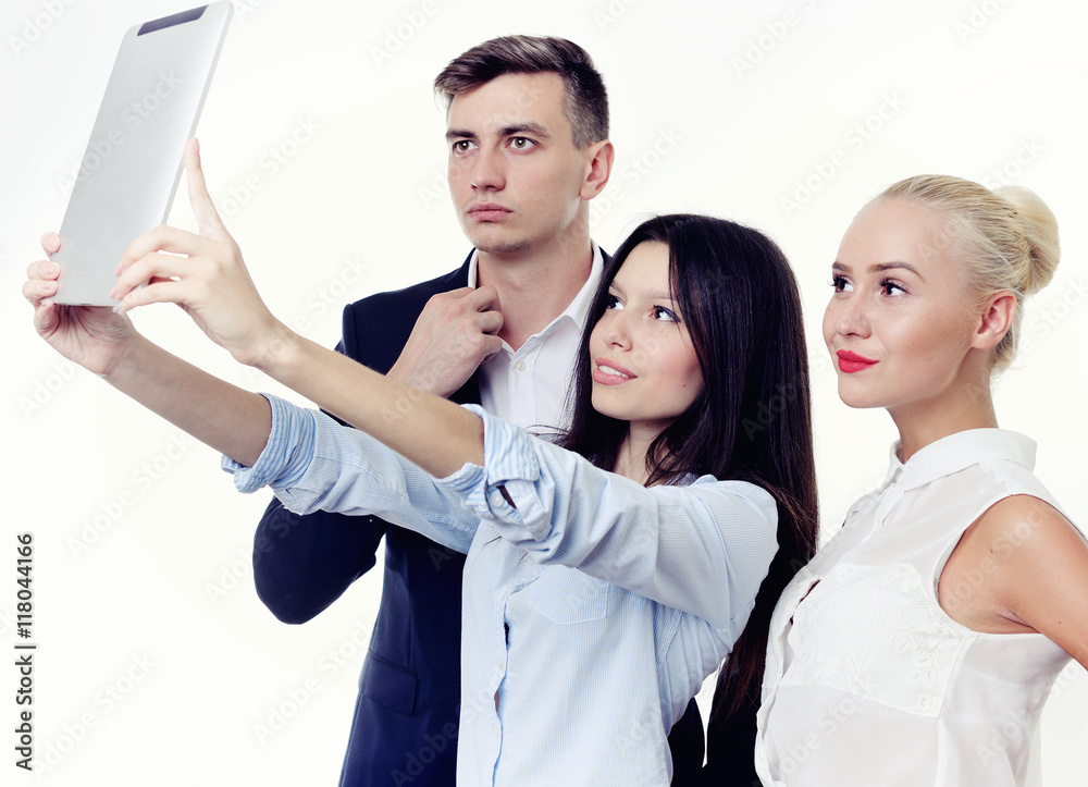 Image of business partners discussing documents and ideas at meeting. Work process of business meeting with electronic devices in office.