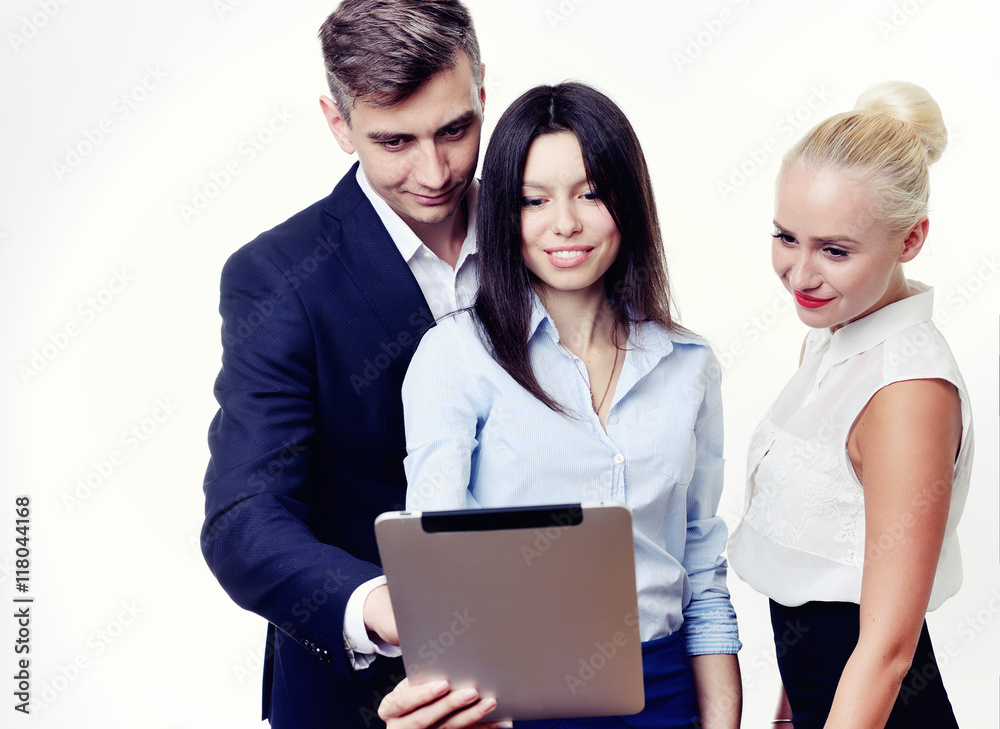 Image of business partners discussing documents and ideas at meeting. Work process of business meeting with electronic devices in office. Image of business partners discussing documents and ideas at meeting. Work process of business meeting with electronic devices in office.