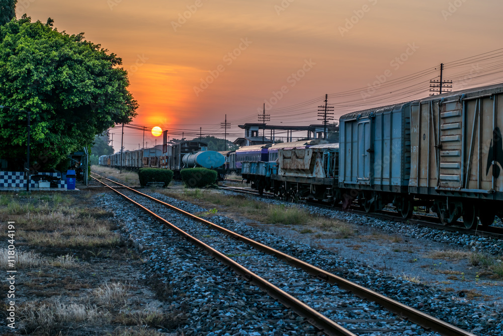 Railway at train station on sunset,hdr style