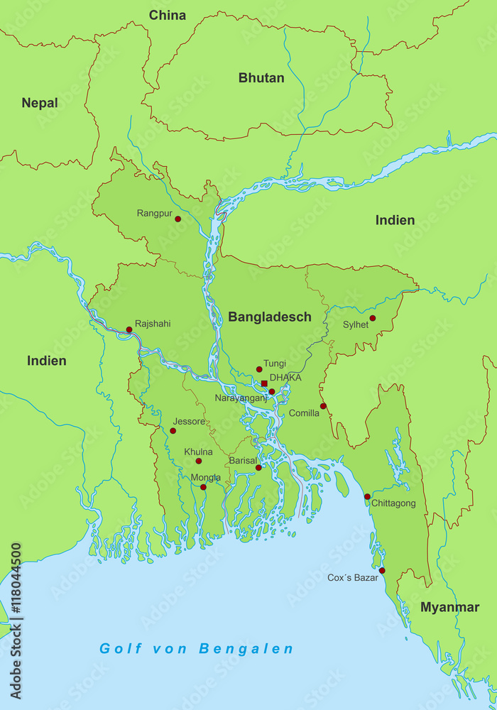 Bangladesch Karte - Grün (detailliert)