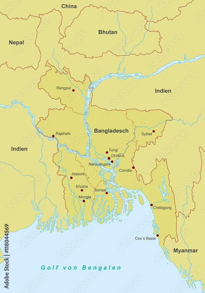 Bangladesch Karte - Orange (detailliert)