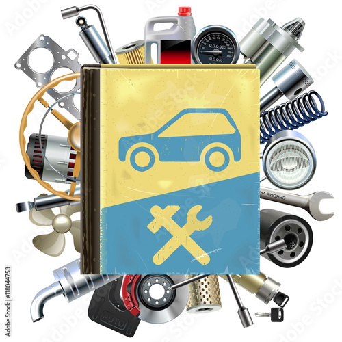 Vector Old Car Repair Book with Car Spares