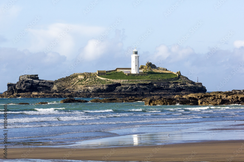 Detailed View of Godrevy Lighthouse, Island and Beach, Cornwall.