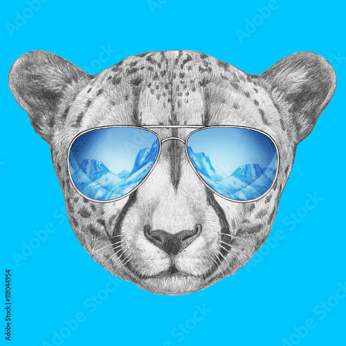 Portrait of Cheetah with mirror sunglasses. Hand drawn illustration.