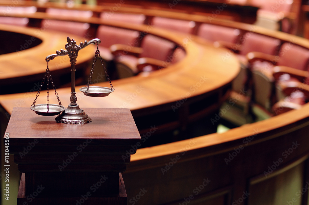 Decorative Scales of Justice in the Courtroom - obrazy, fototapety, plakaty 