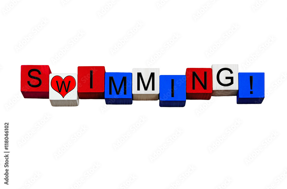 I Love Swimming, design in USA or UK national colors - isolated. I Love Swimming, design in USA or UK national colors - isolated.