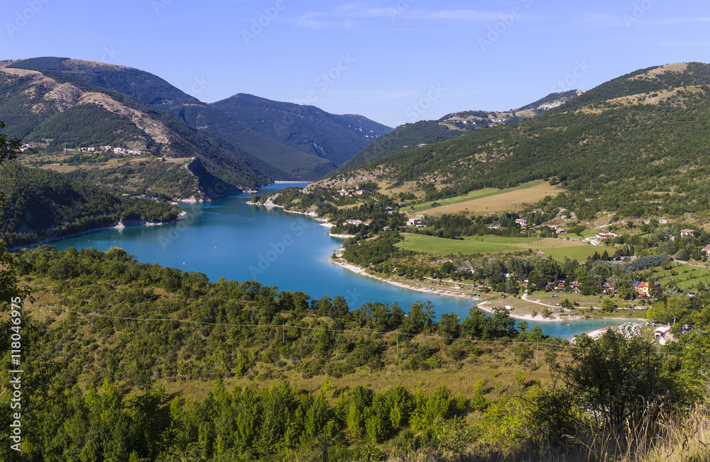 Aerial view of Lake Fiastra in the National Park of the Sibillini Mountains in Italy.