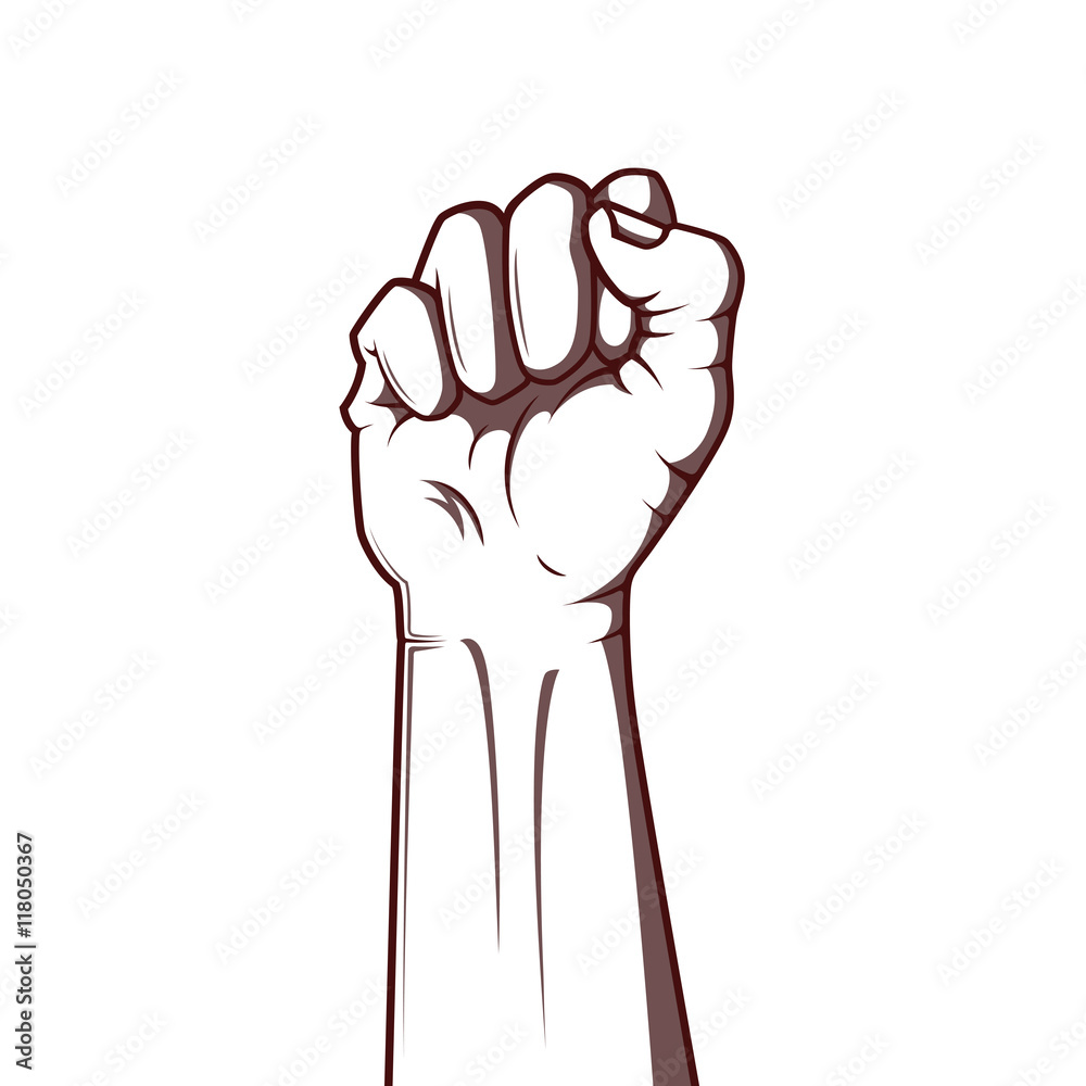 Vector illustration in black and white style of a clenched fist held ...