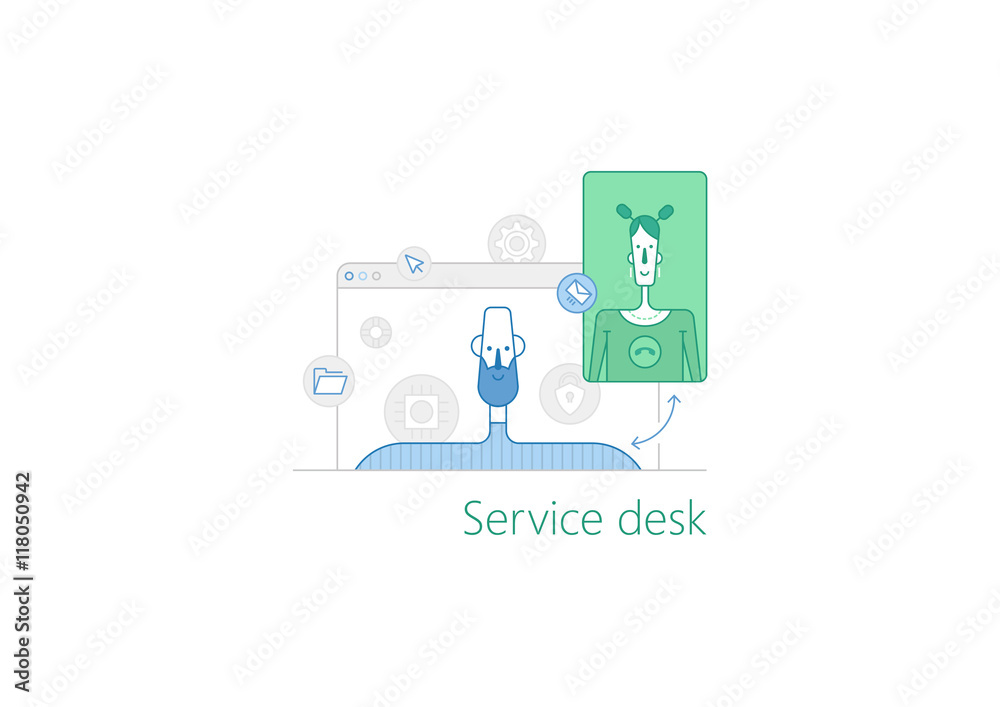 Thin trendy outline style graphics with service desk illustration and service desk icons.