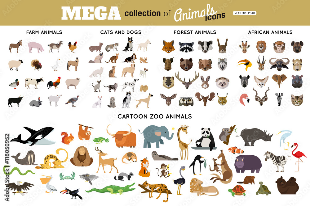 Huge collection of funny cartoon animals, birds, pets, farm, and sea  creatures. African, arctic, tropical wild animals. Stock Vector | Adobe  Stock