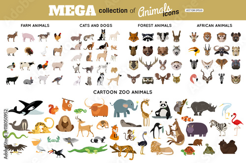 Huge collection of funny cartoon animals, birds, pets, farm, and sea creatures. African, arctic, tropical wild animals.