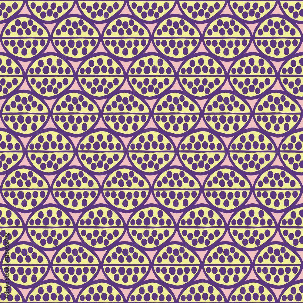 Seamless primitive floral pattern with abstract leaves. Tribal ethnic background, simplistic geometry, purple and yellow. Textile design.