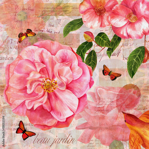 Vintage collage with pink roses and butterflies on old ephemera