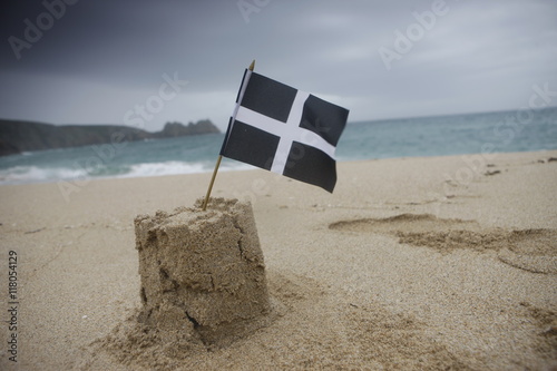 sandcastle with Cornish flag