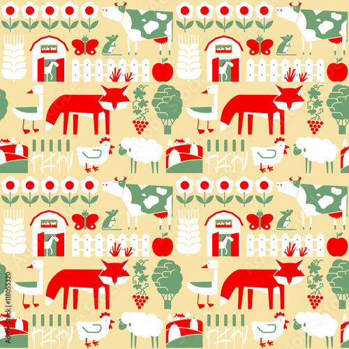 Vector minimalistic seamless pattern with farm and cute animals - cow, chicken, fox, butterflu photo