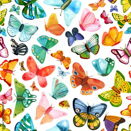 Seamless pattern with many different watercolor butterflies