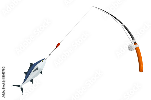 Cardboard style. Fishing spinning. Successful fishing for tuna.