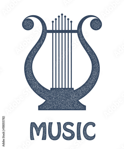 Vector monochrome image of vintage Lyre on a white background. A