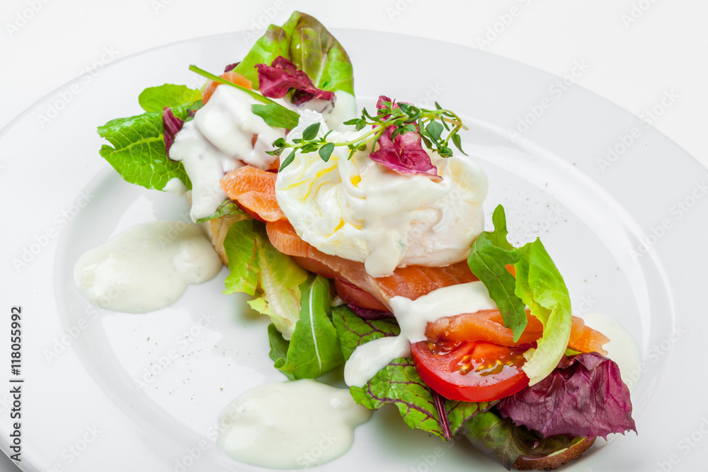 Sandwich with salmon isolated on white background