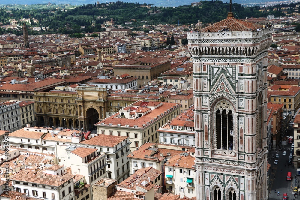 View to Giotto's Campanile and Arcone at Piazza della Repubblica in Florence Italy