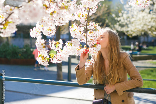 Blonde touches a branch of blooming cherry standing in the park photo