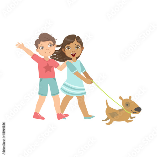 Boy And Girl Walking The Dog Together