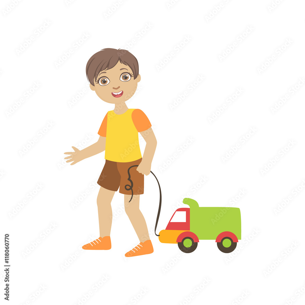 Boy Walking Dragging Toy Truck On A String Boy Walking Dragging Toy Truck On A String