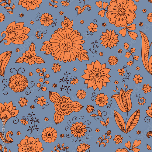 Seamless color flower pattern . Ornamental pattern for the decoration of fabrics , cards , backgrounds .© Katikam