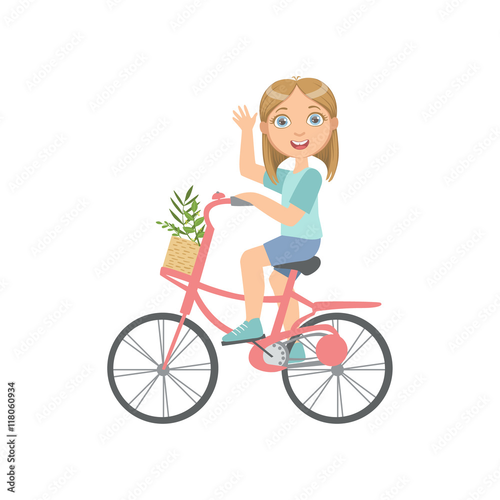 Girl Riding A Bicycle Waving