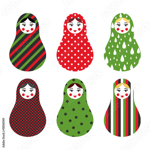 Set of russian traditional wooden toys, babushka, matryoshka, simple USSR elements. Vector illustration. Geometric ornaments are under clipping masks. Retro doll design background. Kids theme.
