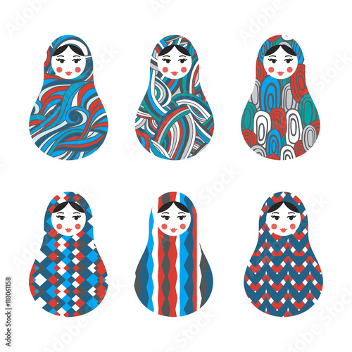 Set of russian traditional wooden toys, babushka, matryoshka, simple USSR elements. Vector illustration. Geometric ornaments are under clipping masks. Retro doll design background. Kids theme.