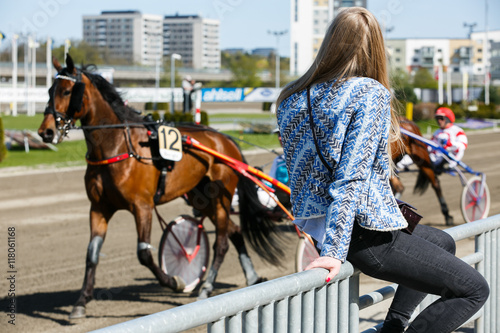 A view from behind on the blonde lady watching the harness racin photo