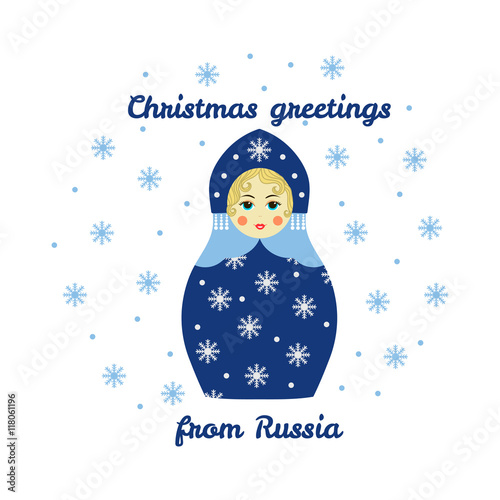Christmas greetings from Russia, card with russian traditional wooden toy, babushka, matryoshka. New Year theme vector illustration. Retro nested doll design background. Winter holidays