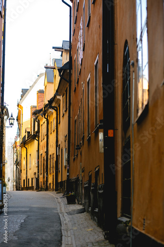 Narrow path leads along the building on the street