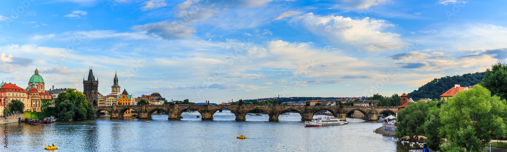 Panorama. Karlov or Charles bridge in Prague in summer, Czech Republic