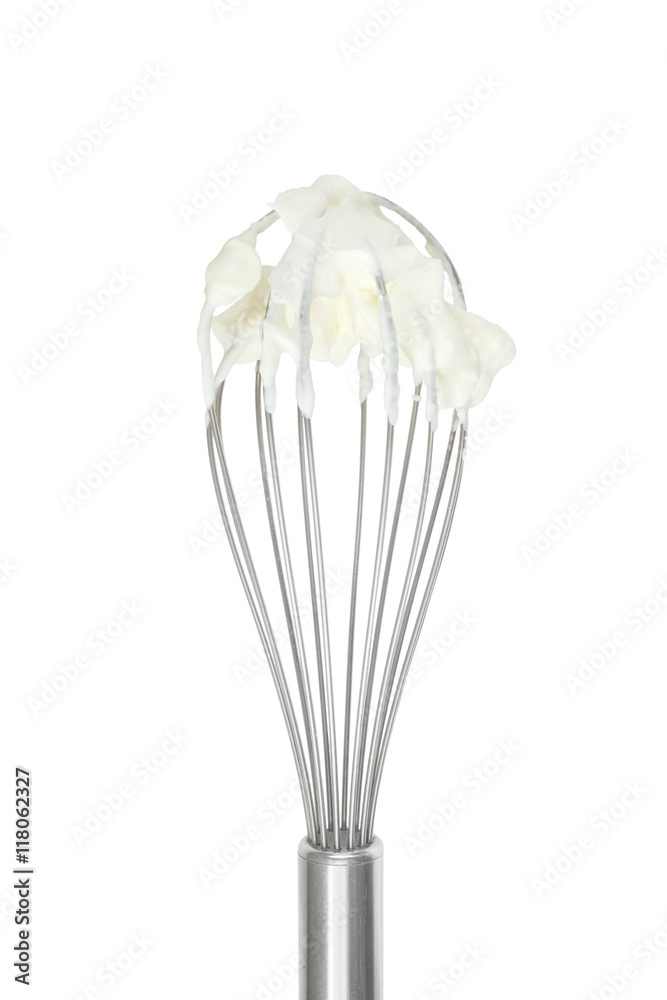 egg whisk with whipping cream, isolated on white