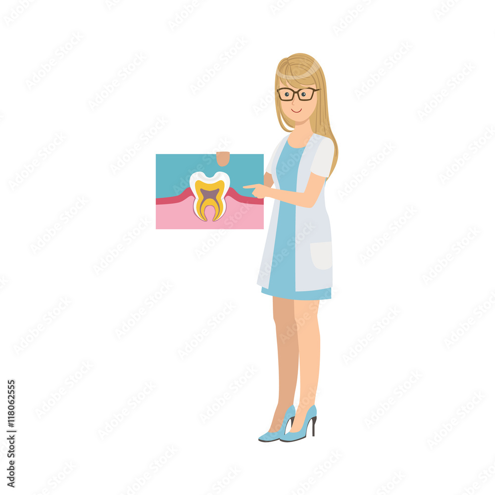 Woman Dentist In White Gown Holding Tooth Anatomy Drawing Woman Dentist In White Gown Holding Tooth Anatomy Drawing