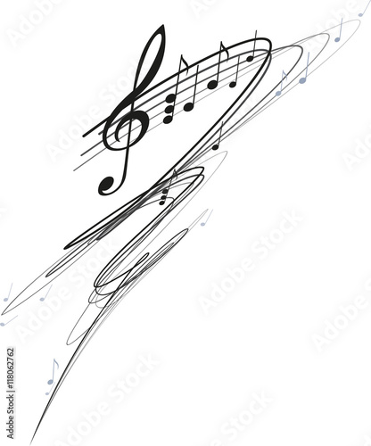 Curved stave treble clef and notes isolated on white background