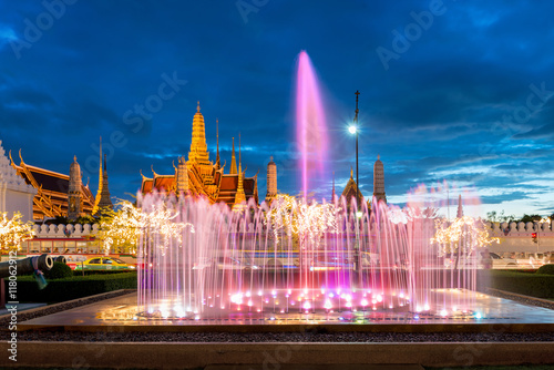 Wat phra kaew with colorful fountain in Bangkok, Thailand