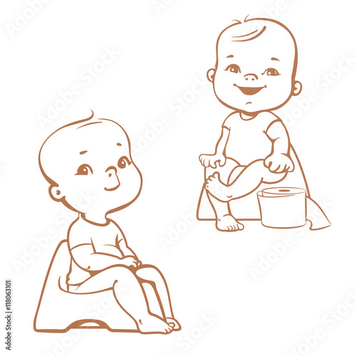 Potty training. Babies in toilet. Sketch