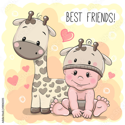 Cute Cartoon Baby and giraffe