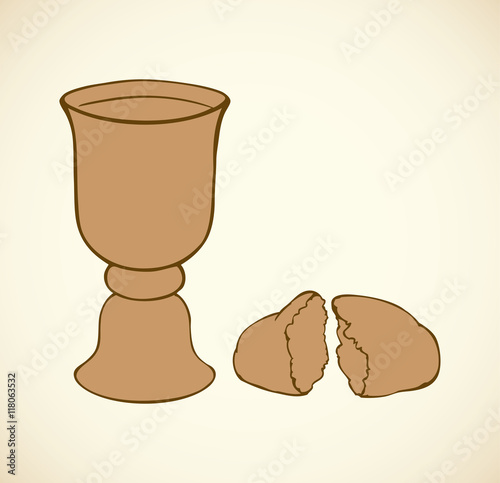 Vector symbols of Communion. Broken bread and wine in bowl