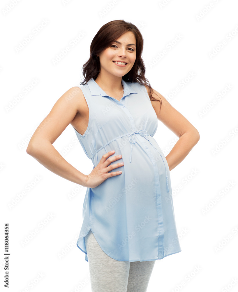 happy pregnant woman touching her big belly happy pregnant woman touching her big belly